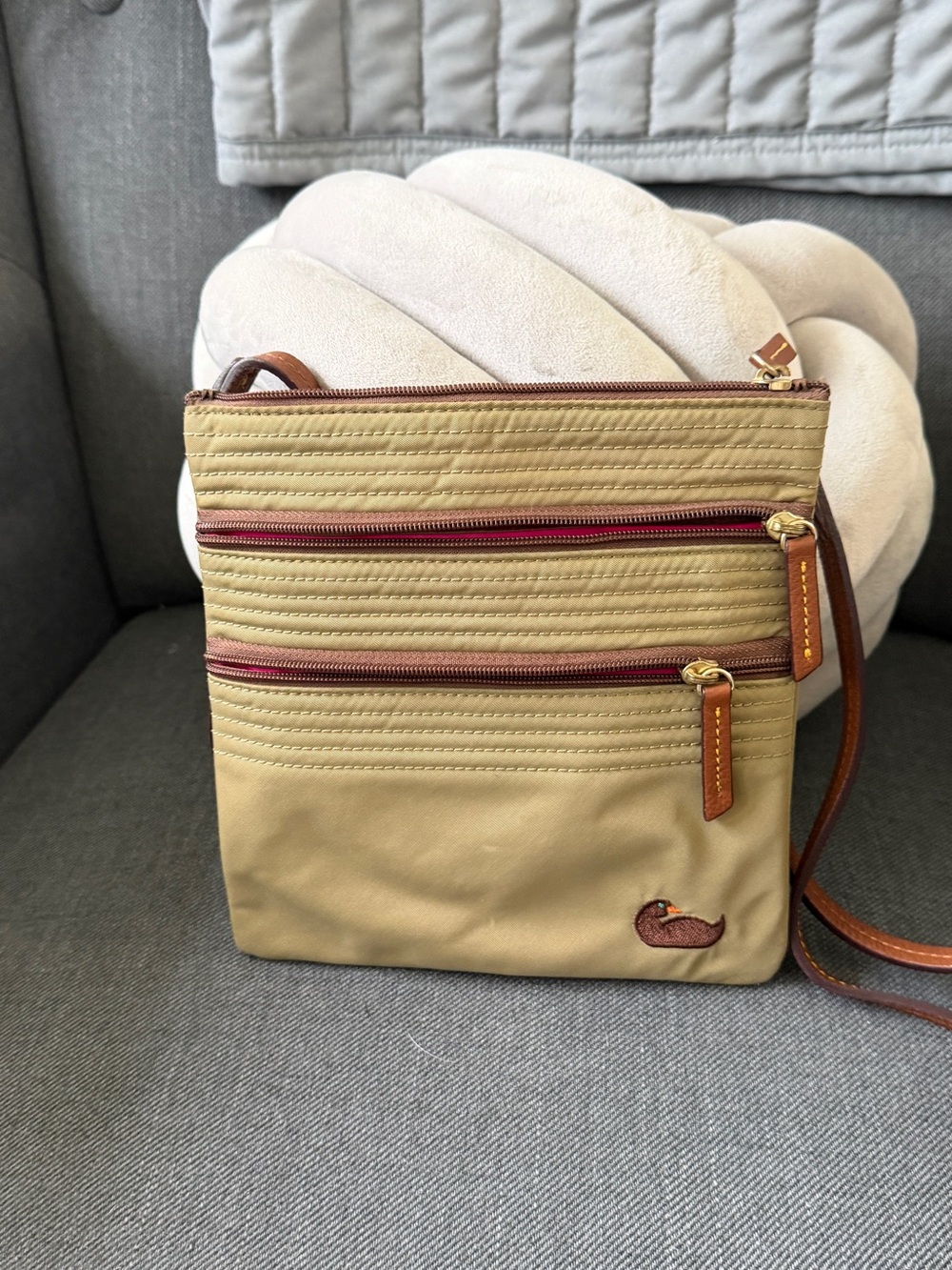 Dooney & Bourke Khaki Crossbody with Burgundy Zippers and Brown Trim
